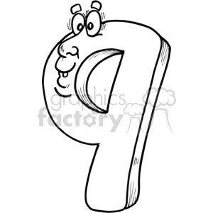 A black and white clipart image of the number nine with a cartoon face.