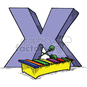 Clipart image featuring a large purple letter 'X' with a colorful xylophone placed in front of it. Two green mallets are positioned on top of the xylophone.