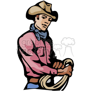 A Cowboy With a Red Shirt and Blue Bandana Holding a Rope