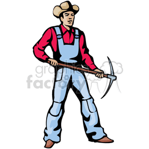 Clipart image of a cowboy dressed in a red shirt and blue overalls, holding a pickaxe, symbolizing the Wild West era.