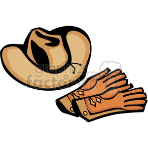 A western-themed clipart illustration featuring a cowboy hat and a pair of leather gloves.