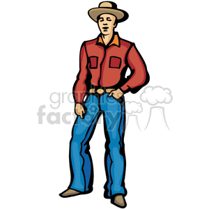 A clipart image of a western cowboy wearing a wide-brimmed hat, a red shirt, blue jeans, a belt with a buckle, and brown boots.