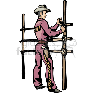 A clipart image of a cowboy in traditional attire working on a wooden fence.