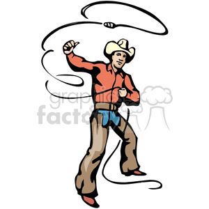 A cowboy in a hat and red shirt skillfully uses a lasso.