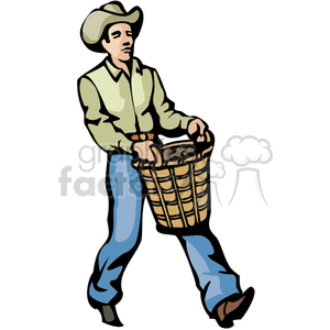 A cartoon-style image of a western cowboy carrying a basket. The cowboy is dressed in a cowboy hat, light green shirt, and blue jeans.