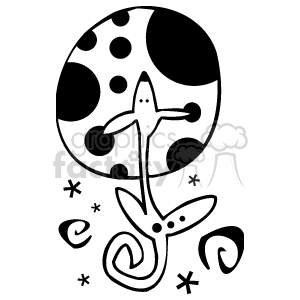 A whimsical black and white Halloween-themed clipart image featuring a stylized dog howling at a polka-dotted moon with swirling patterns and stars.