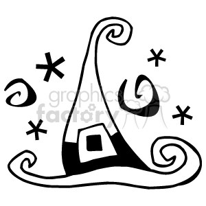 A whimsical clipart image of a Halloween witch hat surrounded by stars and spirals.