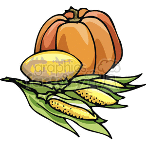 Clipart image of Thanksgiving-themed elements, including a pumpkin, corn on the cob, and a squash.