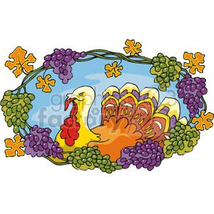 Clipart of a colorful turkey surrounded by grapes and autumn leaves, representing Thanksgiving and the festive holiday spirit.