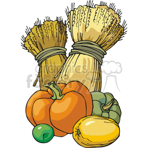 Clipart image of a Thanksgiving theme with pumpkins, squash, an apple, and bundles of wheat.