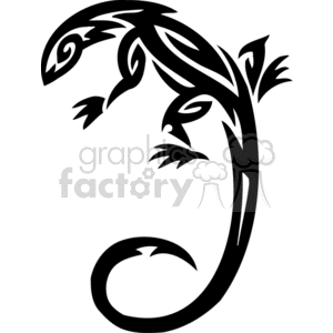 The image is a black and white tribal style illustration of a lizard. Its design is highly stylized with curved lines and shapes forming the body and limbs of the lizard, with various swirls and tribal patterns within the silhouette creating a decorative and tattoo-like appearance. This image is suitable for vinyl decal production due to its clean, bold lines and vinyl-ready format.