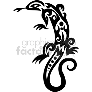 The image is a black and white tribal design of a lizard. The style is artistic and abstract, with swirling and intricate patterns that represent various parts of the lizard's anatomy, such as its head, body, limbs, and tail. The design is symmetrical and detailed, suitable for use as a decorative element or for vinyl applications.