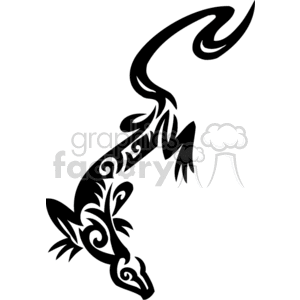 The image is a black and white vector illustration of a stylized tribal lizard. The lizard is depicted with various intricate patterns and swirls along its body, which are typical of tribal design aesthetics. This type of image is suitable for use in various applications, including vinyl decals, tattoos, or as a graphical element in print and digital media. It is designed to be vinyl ready, meaning it can be easily used for vinyl cutting machines for making decals or apparel designs.