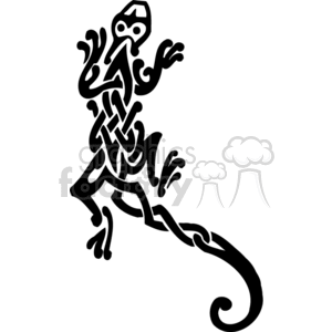 This clipart image features a black and white tribal design of a lizard. The design is stylized with intricate patterns and swirls, giving it an artistic and ethnic feel. The lizard is in a dynamic pose that suggests movement.