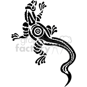 The image depicts a stylized, tribal-inspired design of a lizard. It is a black and white vector graphic, which is commonly referred to as vinyl-ready for its suitability for vinyl cutting or similar applications in design and decoration.