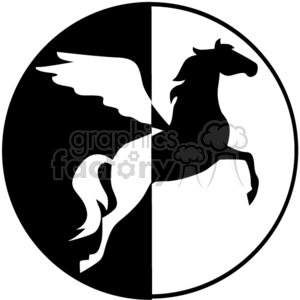 A black and white clipart image of a Pegasus, a mythical winged horse, divided symmetrically with one half in black and the other half in white, enclosed within a circular border.