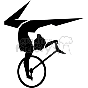 A stylized black and white silhouette of a person performing a handstand on a unicycle.
