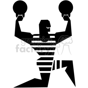 Silhouette of a strongman lifting two weights, depicted in a minimalist black-and-white style with a striped attire.