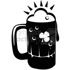 Black and white illustration of a beer mug with foam, bubbles, and a three-leaf clover design, symbolizing St. Patrick's Day.