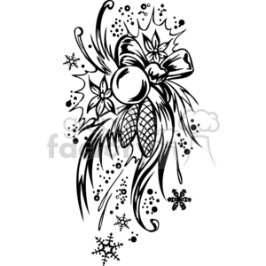 Black and white Christmas-themed clipart featuring snowflakes, poinsettia flowers, a bow, and pine cones in an artistic design.