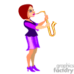 This clipart image features a cartoon of a woman playing a saxophone. She is depicted with short reddish hair, wearing a purple dress and matching high heels.