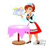 The clipart image depicts a waitress dressed in a uniform with an apron, holding a tray with what appears to be two ice cream sundaes. There's a small round table covered with a pink tablecloth nearby.