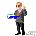 The clipart image contains a cartoon of a man wearing a gray suit and a red tie. He is balding and has a smiling expression. The man is holding a blue folder or book with his left hand and is raising his right index finger as if he is making a point or presenting an idea.