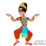 This clipart image depicts a traditional Indian dancer, possibly performing a classical dance like Bharatanatyam or Kathak. The dancer is adorned with colorful clothing, jewelry, and a headpiece that are typical of traditional Indian dance costumes. The dancer's posture suggests a dance pose with hands spread out and bent knees.