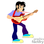   The image is a clipart of a person playing an electric guitar. The individual appears to be male, with black hair, wearing a blue shirt, red suspenders, jeans, and yellow with blue sneakers. The stance suggests that he