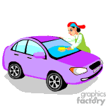 The image is a clipart that features a person in a red cap and white gloves cleaning or waxing a purple car. They are applying some effort as indicated by the stance and the use of a cloth in their hand.