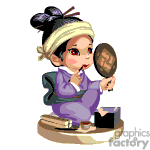   The image depicts an animated character, a girl dressed in traditional Asian attire, sitting on a wooden platform. She