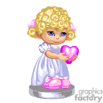   The image is an animated clipart of a little girl with curly blonde hair and blue eyes. She is wearing a white dress and pink shoes and is holding a pink heart. The style is cute and stylized, typical of digital illustrations intended for a lighthearted or children