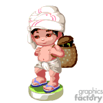 The image shows a clipart of a cartoon baby wearing a towel turban on its head, with a diaper secured around its waist, standing on what appears to be a small circular stand. The baby is sporting flip-flops and holding a woven basket, which is resting on its back. The baby has chubby cheeks and appears to be in a relaxed pose