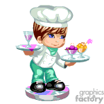 The clipart image shows an animated character dressed as a chef, wearing a white chef's outfit and hat. The chef is holding a tray with what appears to be a glass of jello and a 2 bowls of ice cream with a cherry on top. The character is standing with a pleasant expression on their face, possibly suggesting readiness to serve the items.