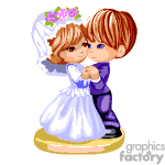 The clipart image depicts two animated characters dressed in formal attire dancing together. The character on the left appears to be wearing a white wedding dress with a veil and holding a bouquet of flowers, suggesting she may be a bride. The character on the right is in a purple suit, possibly representing a groom. The image has an affectionate and celebratory feel, typically associated with a wedding or a dance.