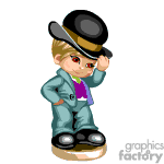 The image is a clipart featuring a cartoon of a young boy dressed in a formal suit with a bow tie, tipping a top hat, and standing confidently. He appears to have a playful or cheeky expression.