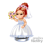The clipart image depicts a cartoon of a young girl dressed as a bride. She has a high bun hairstyle adorned with pink flowers, and she is holding a bouquet of flowers. The dress is white with blue accents, and she seems to be wearing a veil. The character has a sweet and gentle expression.
