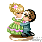 The clipart image depicts a cartoon of a little boy giving a little girl a kiss on the cheek. The boy is wearing a blue suit, and the girl is dressed in a green dress with a pink flower in her hair.