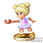 The clipart image depicts a cartoon of a little girl with blonde hair styled in two pigtails, wearing a sleeveless a-line dress with frilly details and tennis shoes. She is holding what appears to be a ping pong paddle and is in a stance that suggests she is playing or ready to play a game. The character is standing on a small brown platform that might represent a floor or ground.