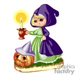   The clipart image features an animated character portrayed as a little girl dressed in a traditional Halloween costume that resembles a witch. She is wearing a green dress with a purple cloak and hat. In her hand, she is holding a candleholder with a lit candle, and beside her is a carved pumpkin, often called a jack-o
