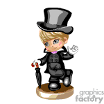   The clipart image features a stylized cartoon character that resembles a young gentleman. The character is wearing a black suit with a bow tie and has a top hat on his head. He