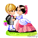 The image is a clipart that depicts two animated characters: a boy and a girl. The boy is wearing a suit with a boutonniere, and the girl is dressed in a fancy gown with a ribbon in her hair. They appear to be in a friendly or affectionate pose, likely suggesting a dance or a formal event they are attending together. The style is cartoonish and colorful.