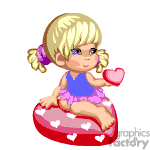This clipart image features a cartoon of a young girl with blonde pigtails sitting on a red cushion shaped like a heart. adorned with smaller white hearts. She is wearing a purple top and pink tutu skirt. In her hands, she's holding a smaller heart, possibly representing a valentine or a token of affection.