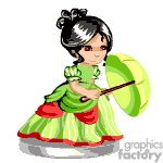 The clipart image depicts a cartoonish young female character wearing a traditional green dress with red trim. She has a bun hairstyle with a white streak and is holding a large, yellow and green parasol on her shoulder.