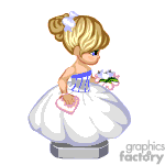 The clipart image shows a stylized female figure in a wedding dress. She has blond hair in a bun with a flower, is wearing a blue and white strapless wedding gown, is holding a bouquet of flowers, and has a small heart-shaped object in her hand.
