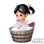 The clipart image features an animated character of a young girl with black hair tied with a pink bow, taking a bath in a wooden tub filled with bubbles.