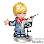   The clipart image features a cartoon character of a young boy with blond hair. He is standing behind a music stand and is holding a conductor