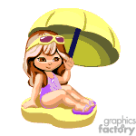   The image shows a cartoon of a young girl sitting on the beach. She