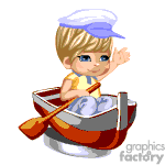 The clipart image depicts a cartoon-style character that appears to be a young child with blond hair wearing a sailor's hat. The child is seated inside a small red and white rowboat, holding a wooden paddle (oar) in one hand and waving with the other hand. The child is ostensibly rowing the boat and cheerfully greeting.