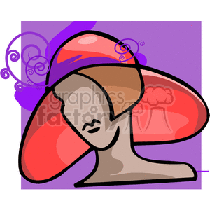 An abstract clipart image of a female bust with a large red and orange hat against a purple background. The drawing style is minimalist and features swirling decorative elements.